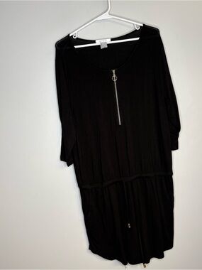 Black Midi Dress with Front Zip and Drawstring Waist swimsuit coverup